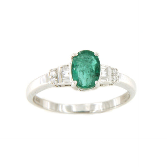 CAMBADOS ring with emerald center and diamonds in 18k white gold.