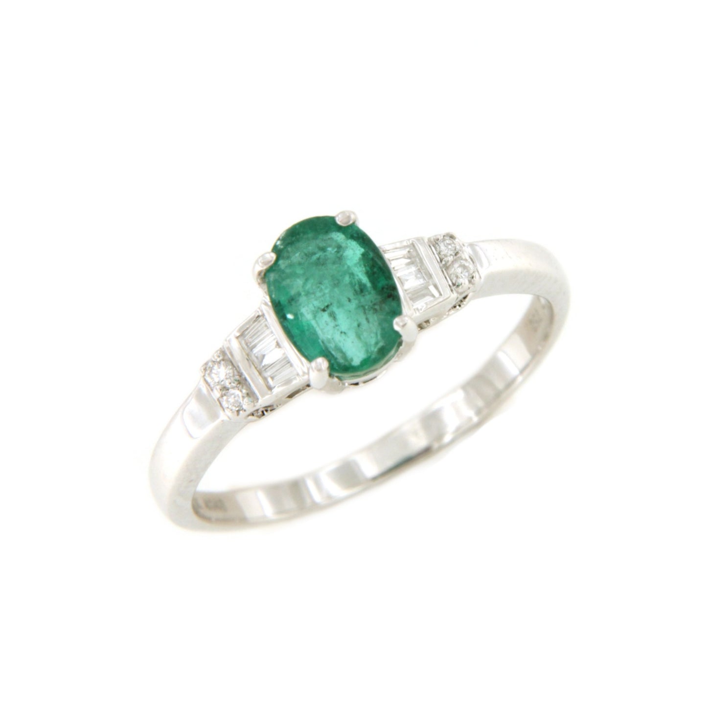 CAMBADOS ring with emerald center and diamonds in 18k white gold.