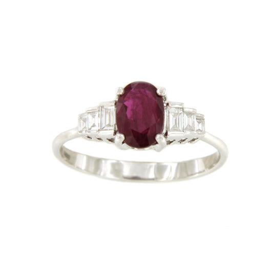 RIBEIRA ring with ruby center and baguette diamonds in 18k white gold.