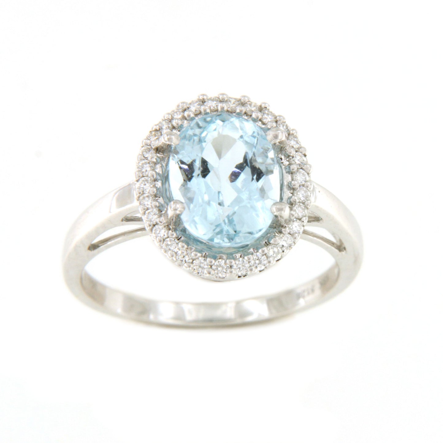 Anillo SANXENXO roseta de aguamarina y brillantes en oro blanco 18 ktes.