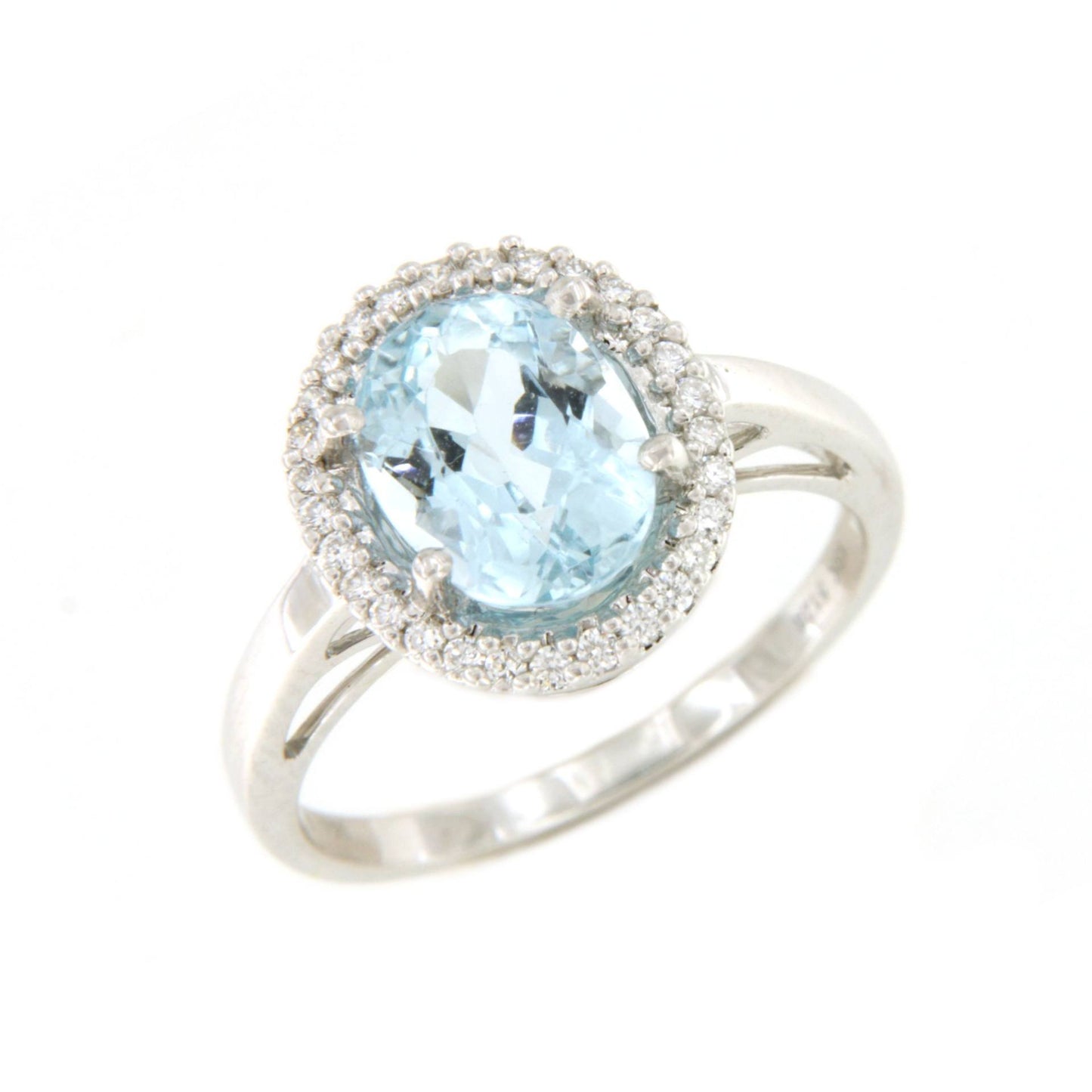 Anillo SANXENXO roseta de aguamarina y brillantes en oro blanco 18 ktes.