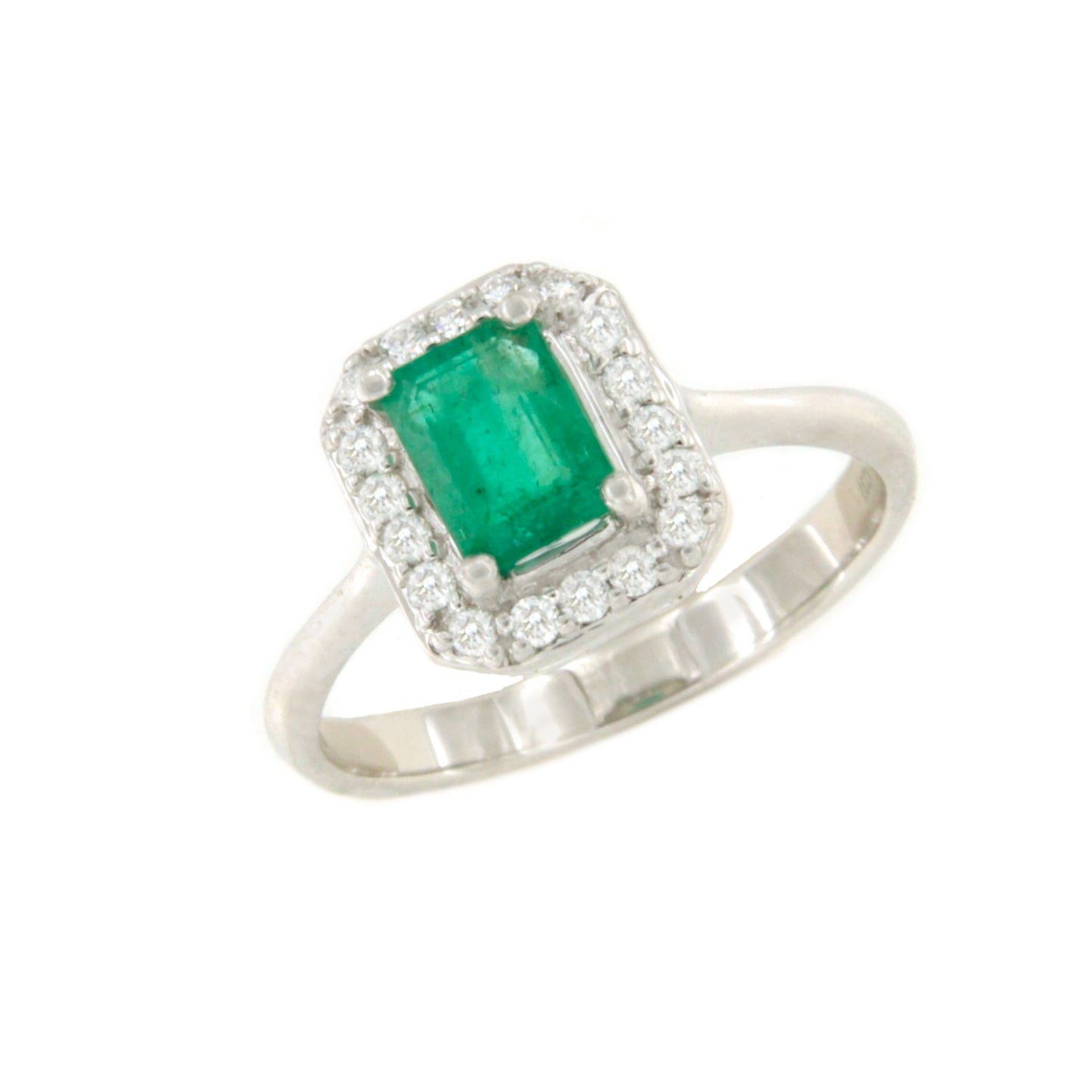 Anillo MARACUYA roseta esmeralda y brillantes oro blanco de 18 ktes.