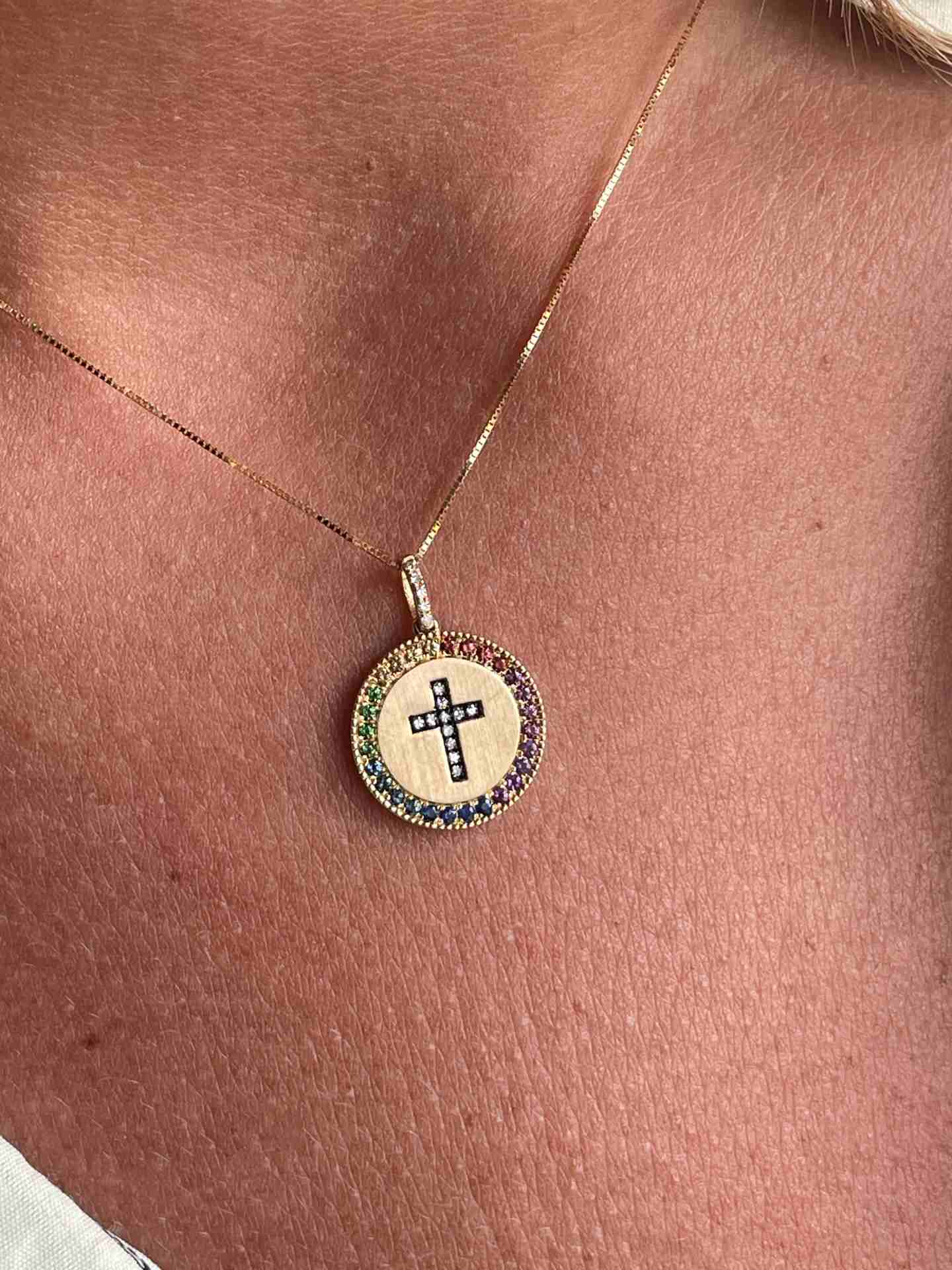 MIRELA cross pendant in 14k yellow gold with diamonds and colored gemstones