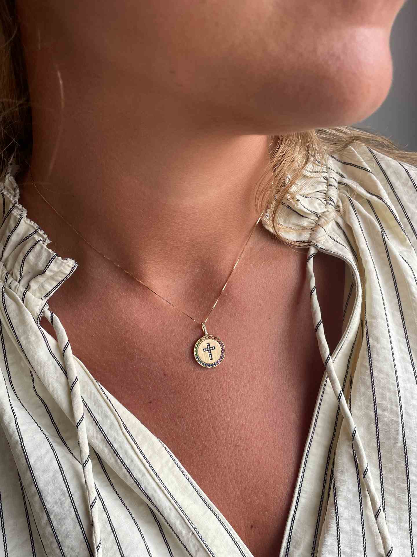 MIRELA cross pendant in 14k yellow gold with diamonds and colored gemstones