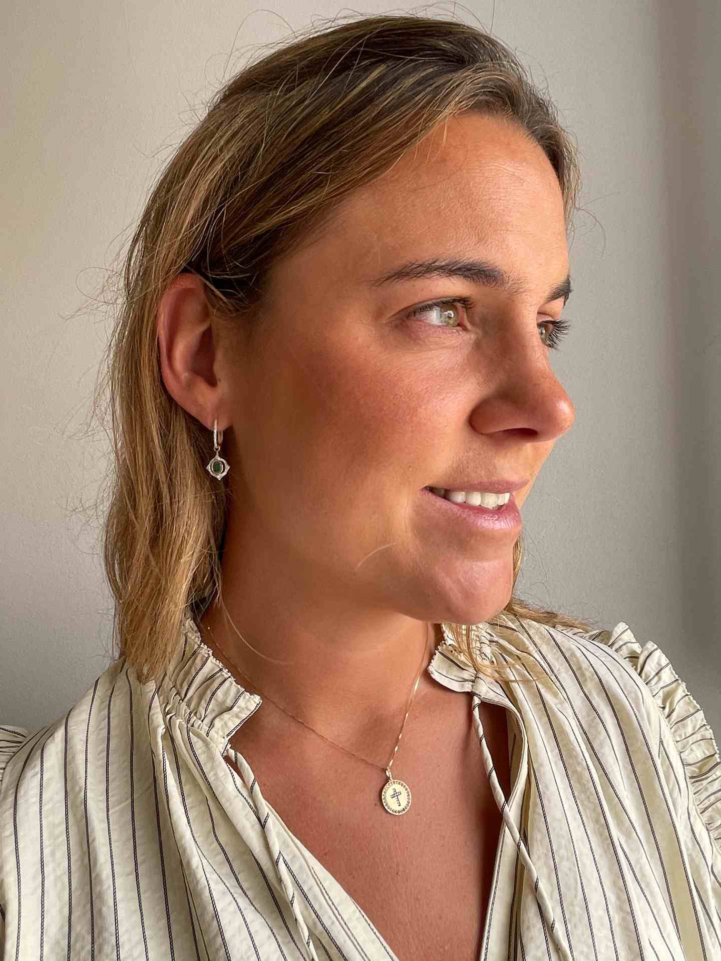 MIRELA cross pendant in 14k yellow gold with diamonds and colored gemstones