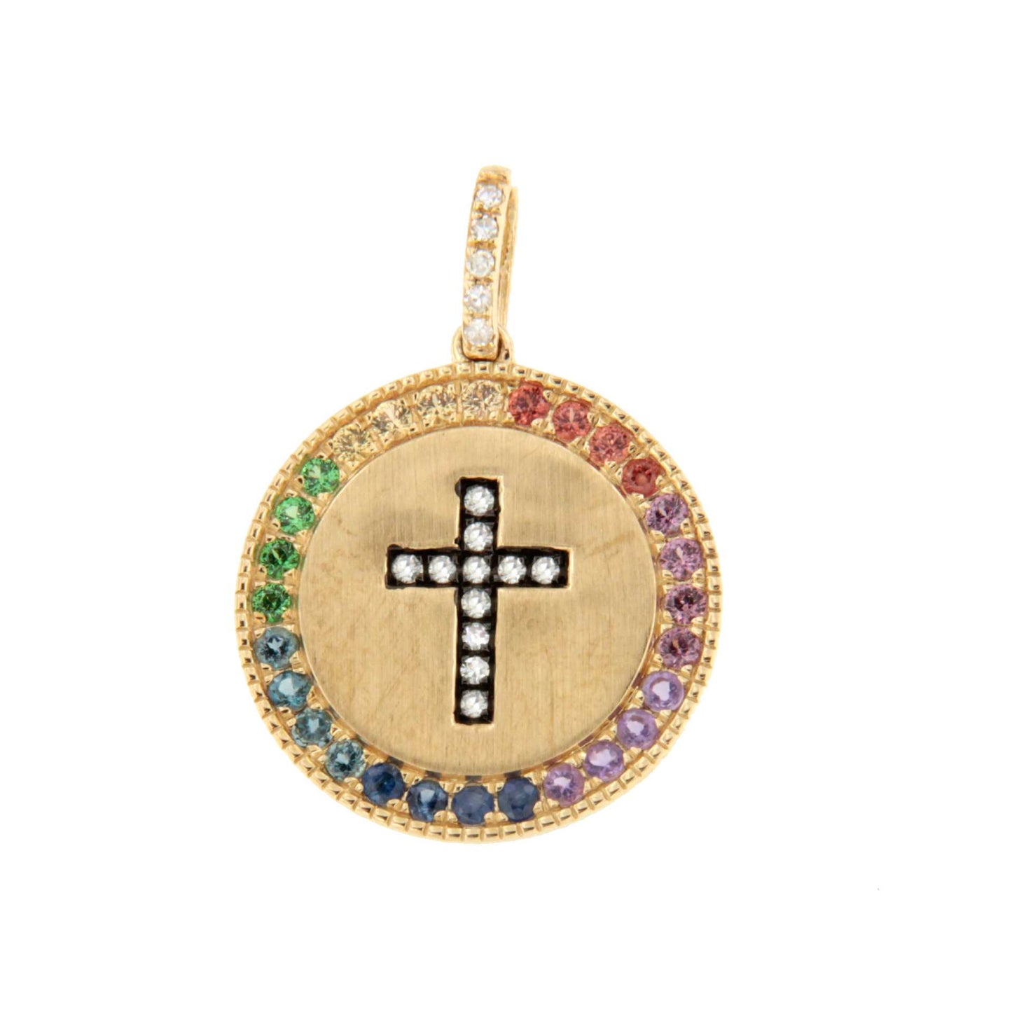 MIRELA cross pendant in 14k yellow gold with diamonds and colored gemstones