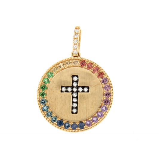 MIRELA cross pendant in 14k yellow gold with diamonds and colored gemstones