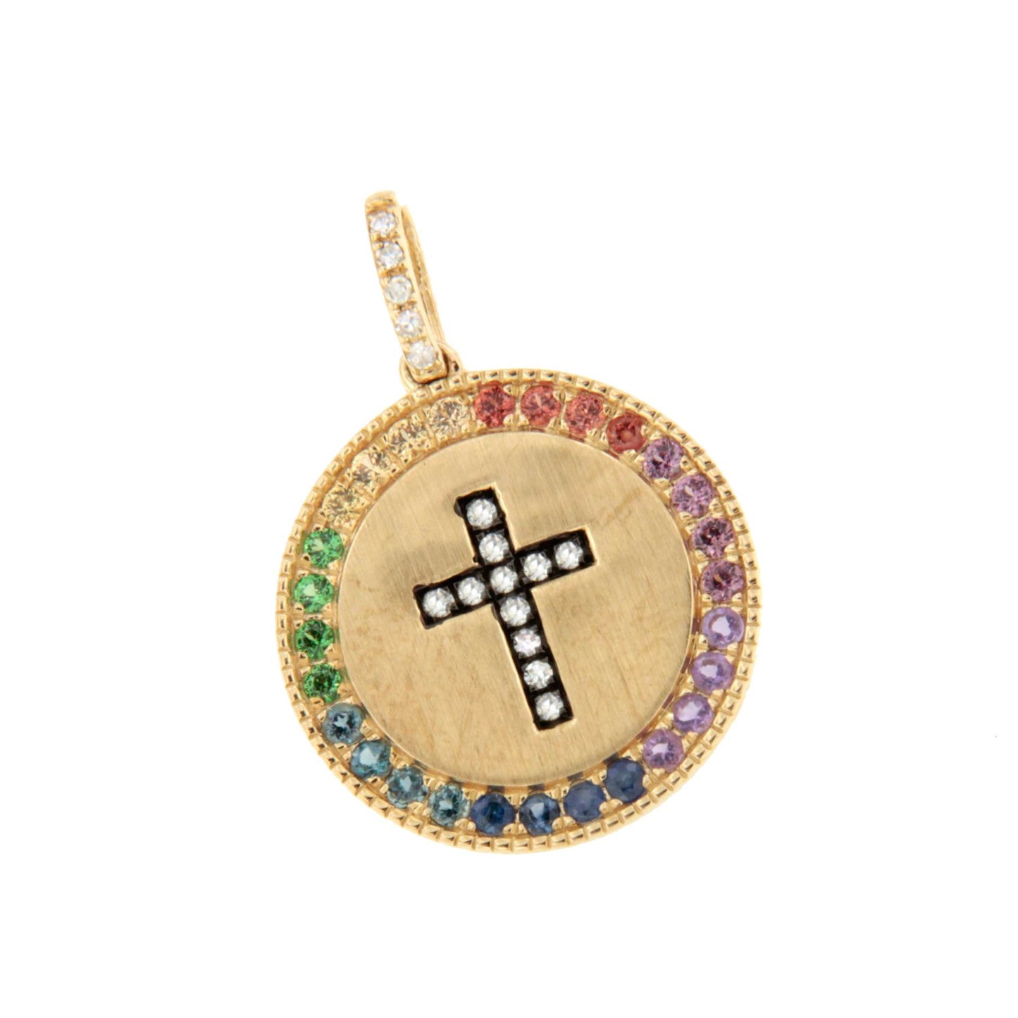 MIRELA cross pendant in 14k yellow gold with diamonds and colored gemstones