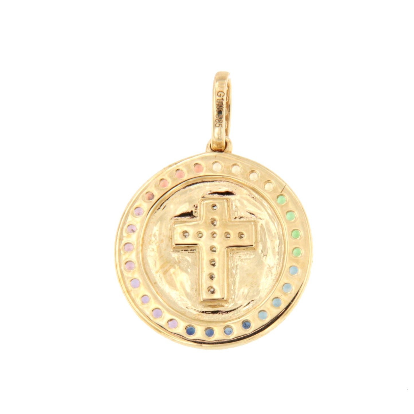 MIRELA cross pendant in 14k yellow gold with diamonds and colored gemstones