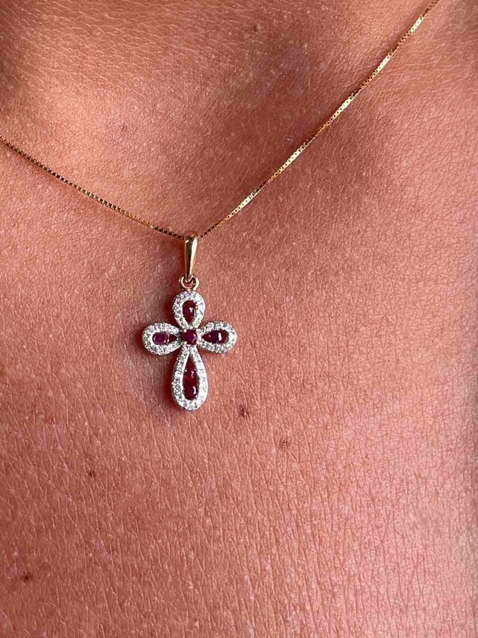 LUNARA cross in 14k rose gold with diamonds and rubies