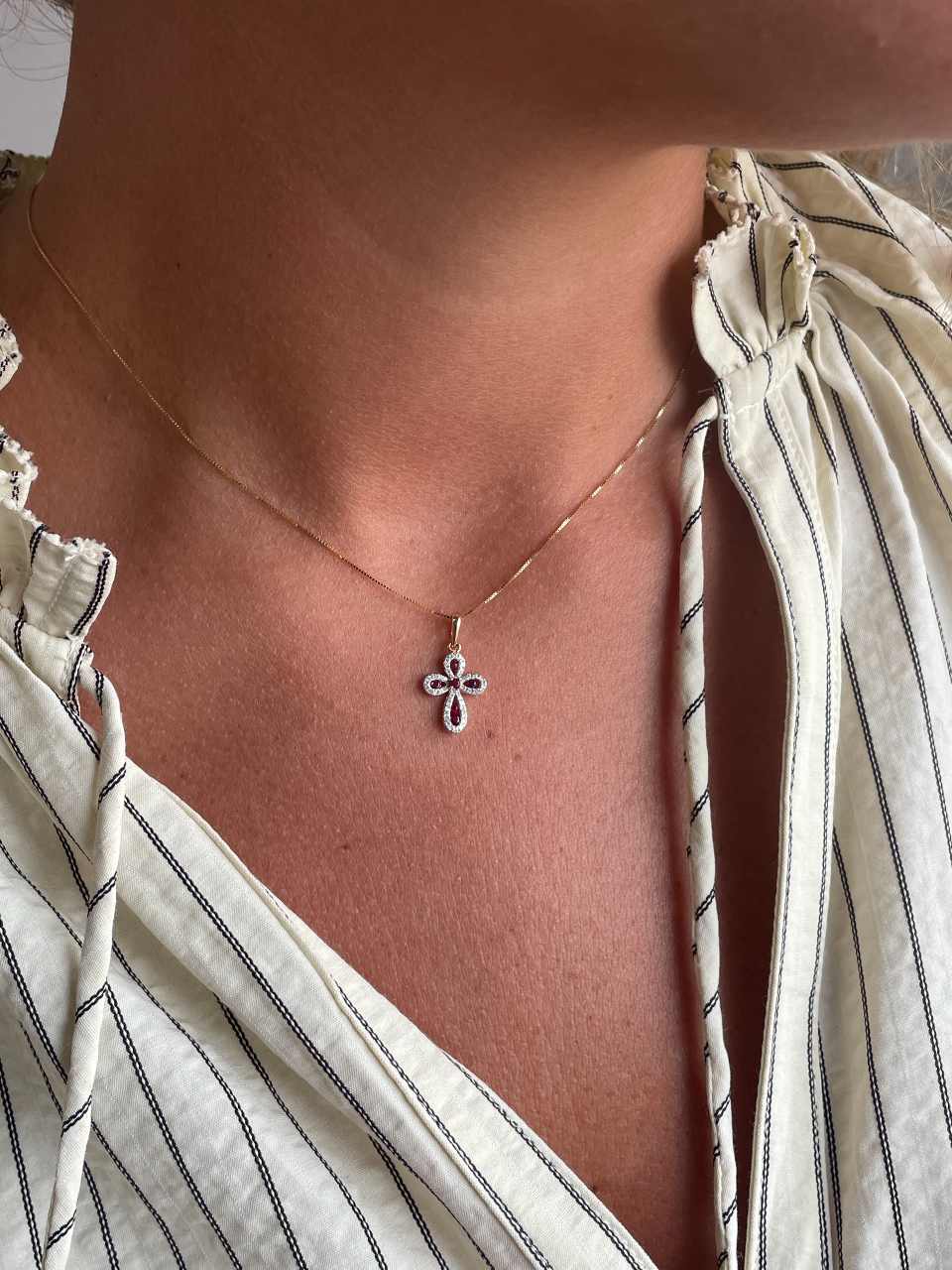 LUNARA cross in 14k rose gold with diamonds and rubies