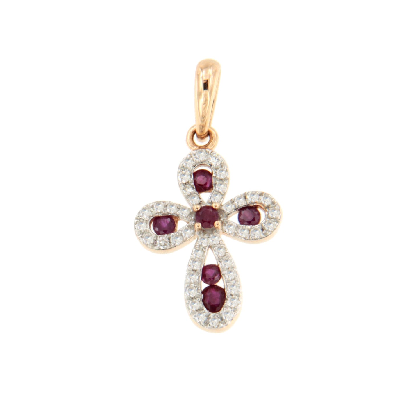 LUNARA cross in 14k rose gold with diamonds and rubies