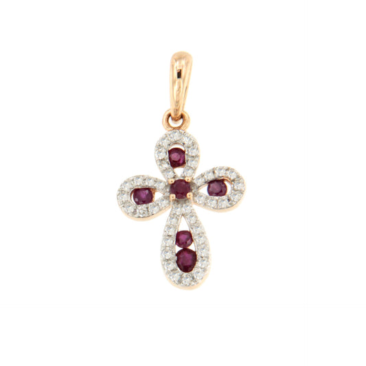 LUNARA cross in 14k rose gold with diamonds and rubies