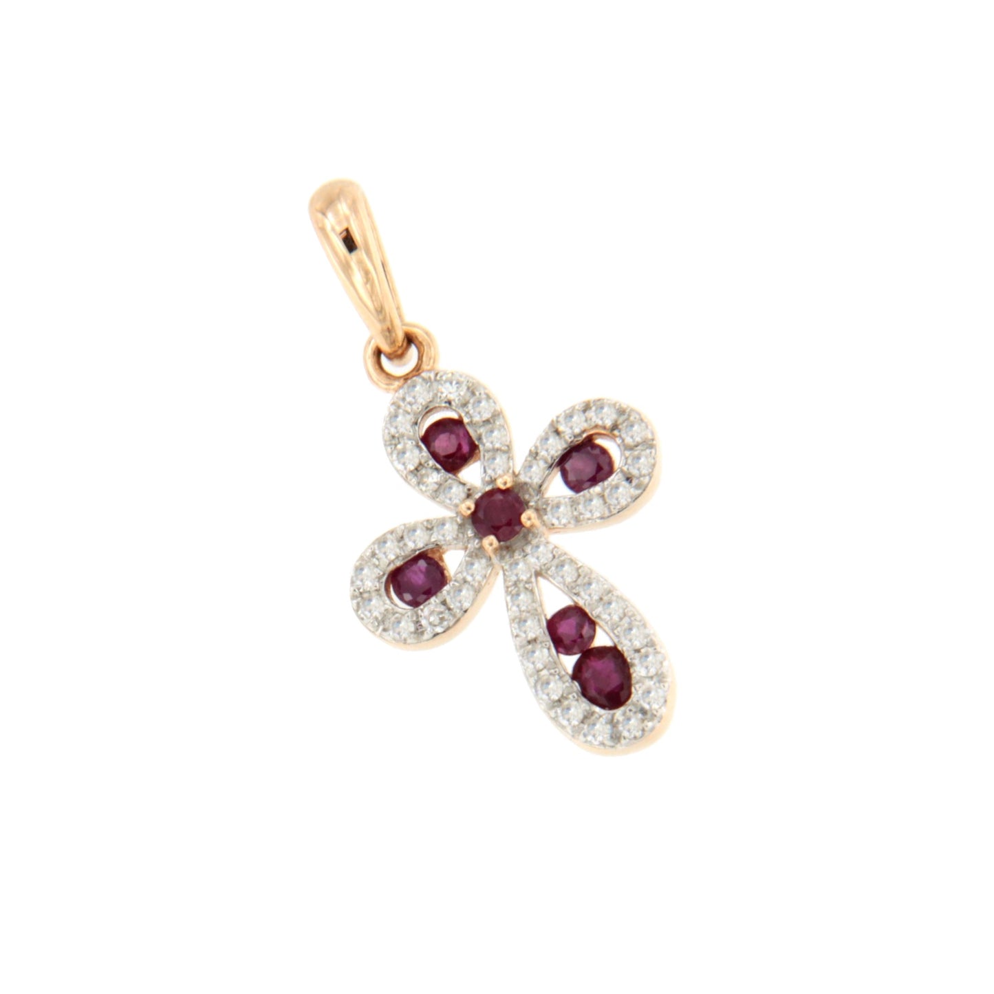 LUNARA cross in 14k rose gold with diamonds and rubies