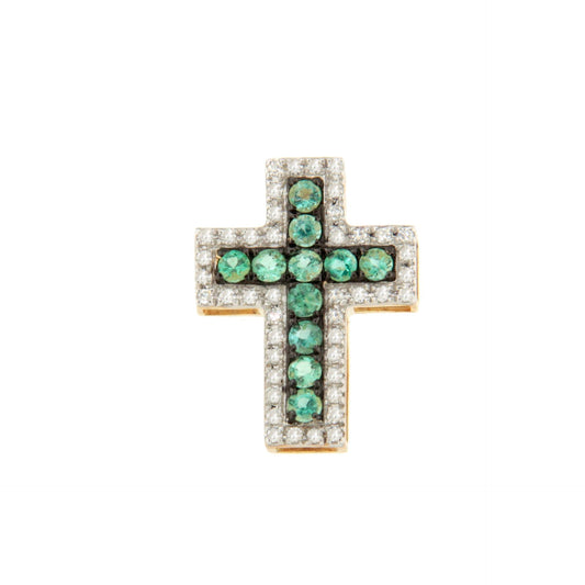 VELARA cross in 14k yellow gold with diamonds and emeralds