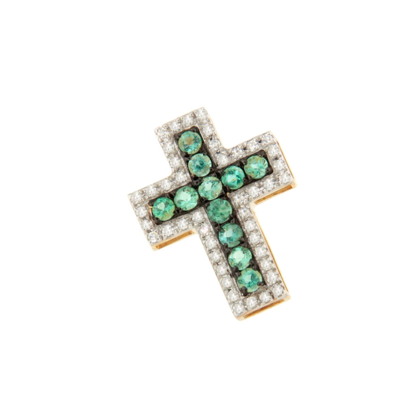 VELARA cross in 14k yellow gold with diamonds and emeralds