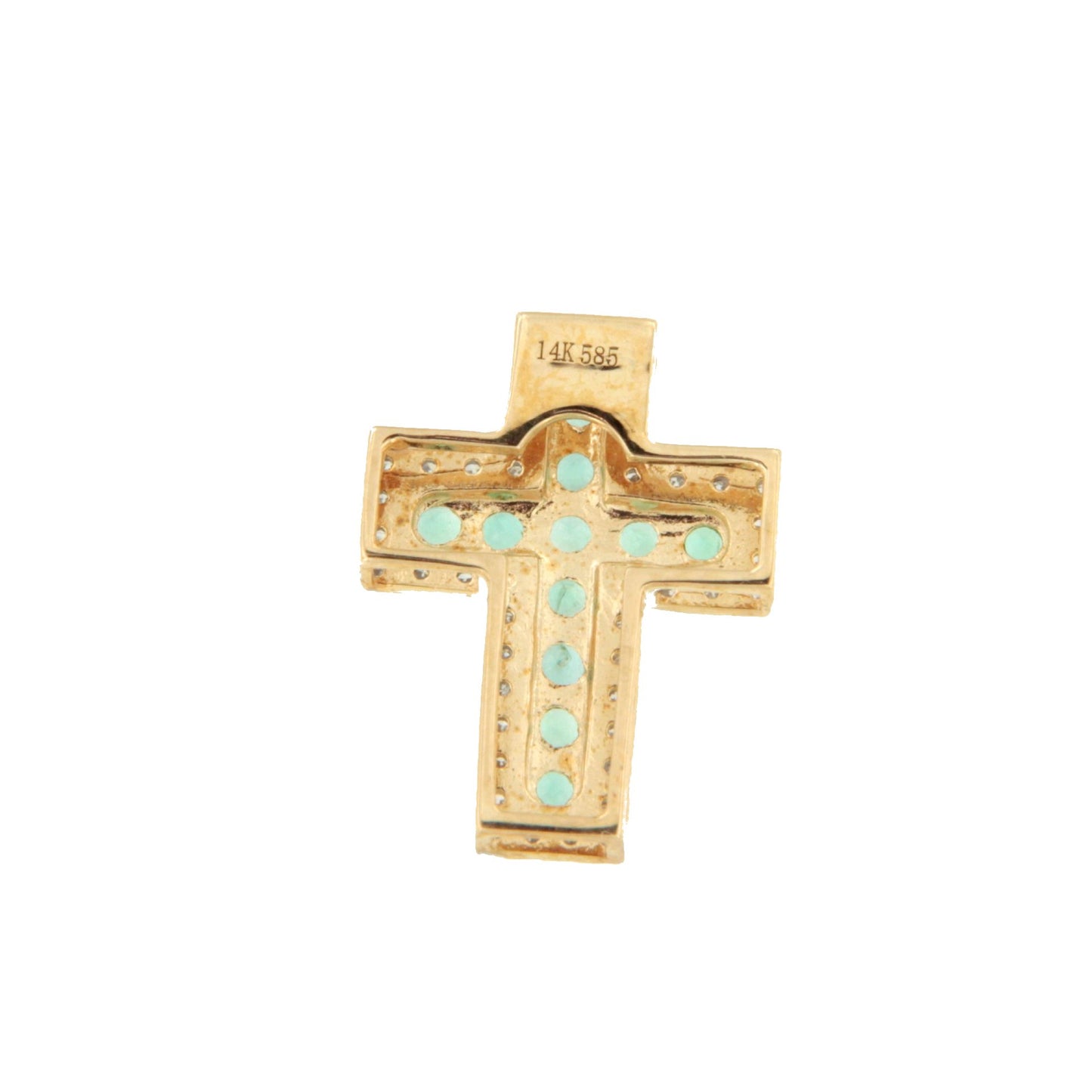VELARA cross in 14k yellow gold with diamonds and emeralds