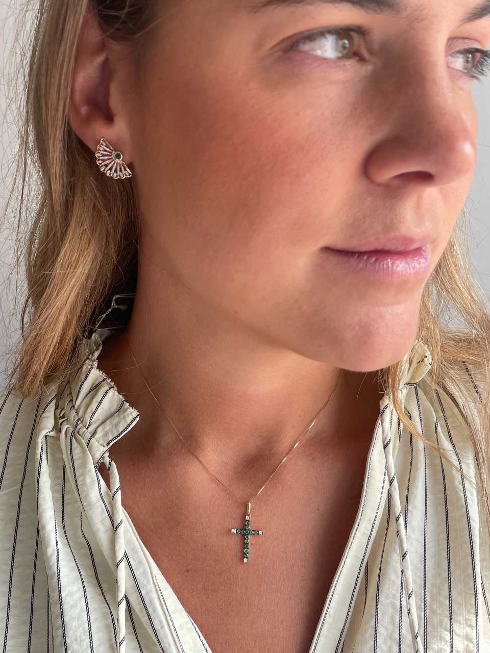 ESVARA cross in 14k yellow gold with diamonds and emeralds