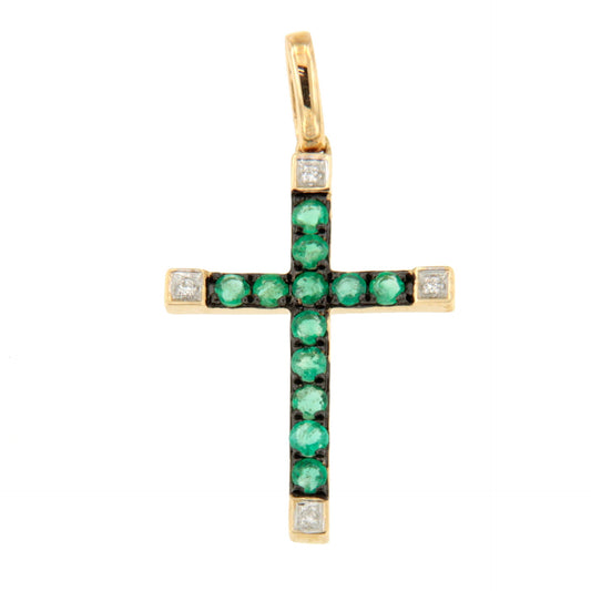 ESVARA cross in 14k yellow gold with diamonds and emeralds