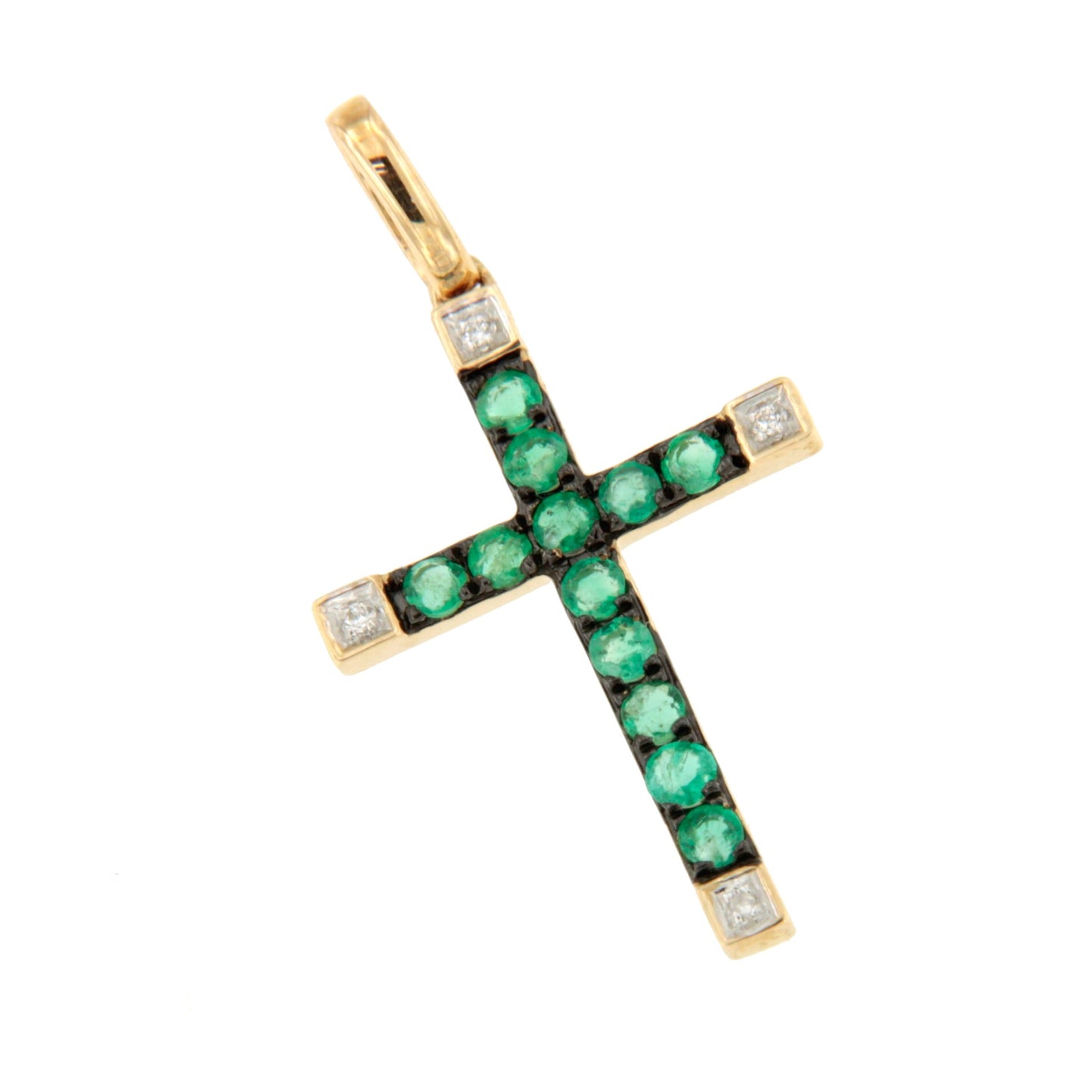 ESVARA cross in 14k yellow gold with diamonds and emeralds