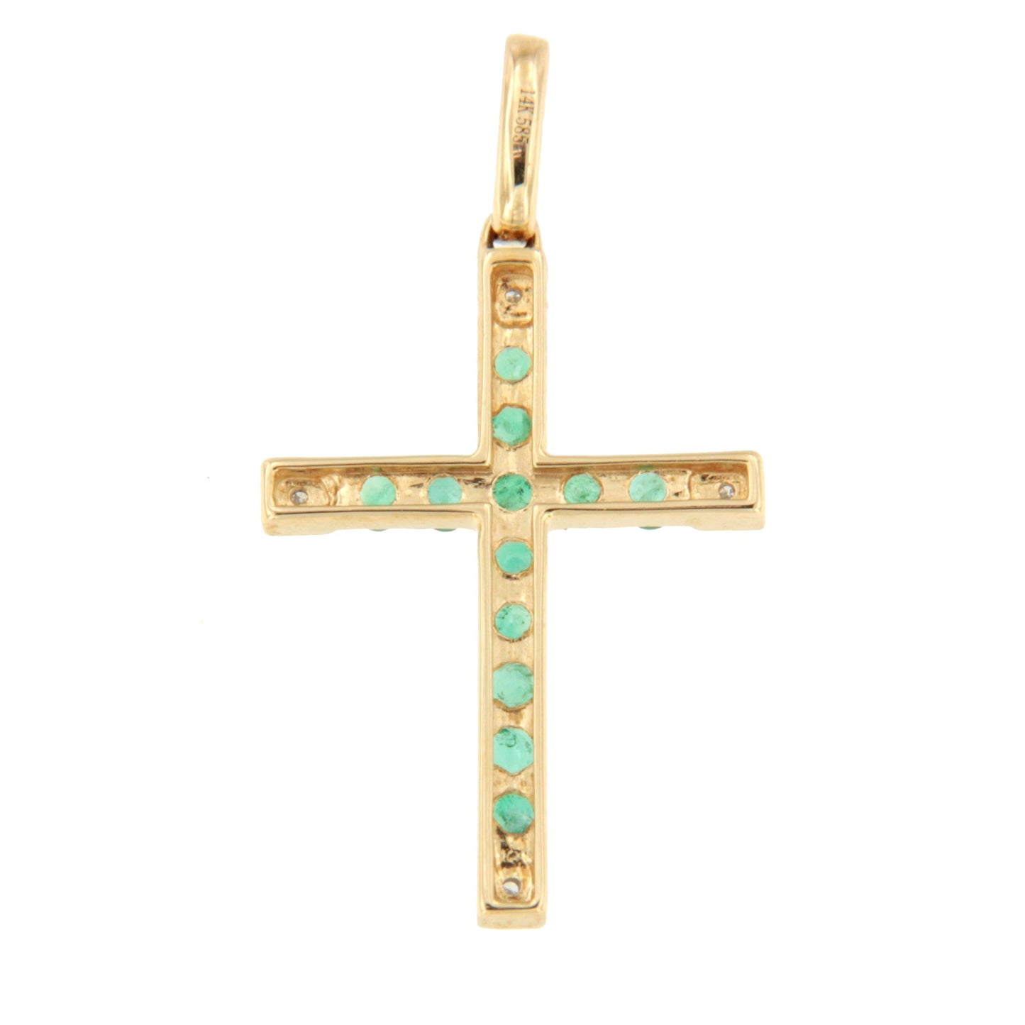 ESVARA cross in 14k yellow gold with diamonds and emeralds