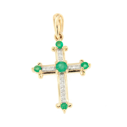 CLARIVA cross in 14k gold with diamonds and sapphire/emerald