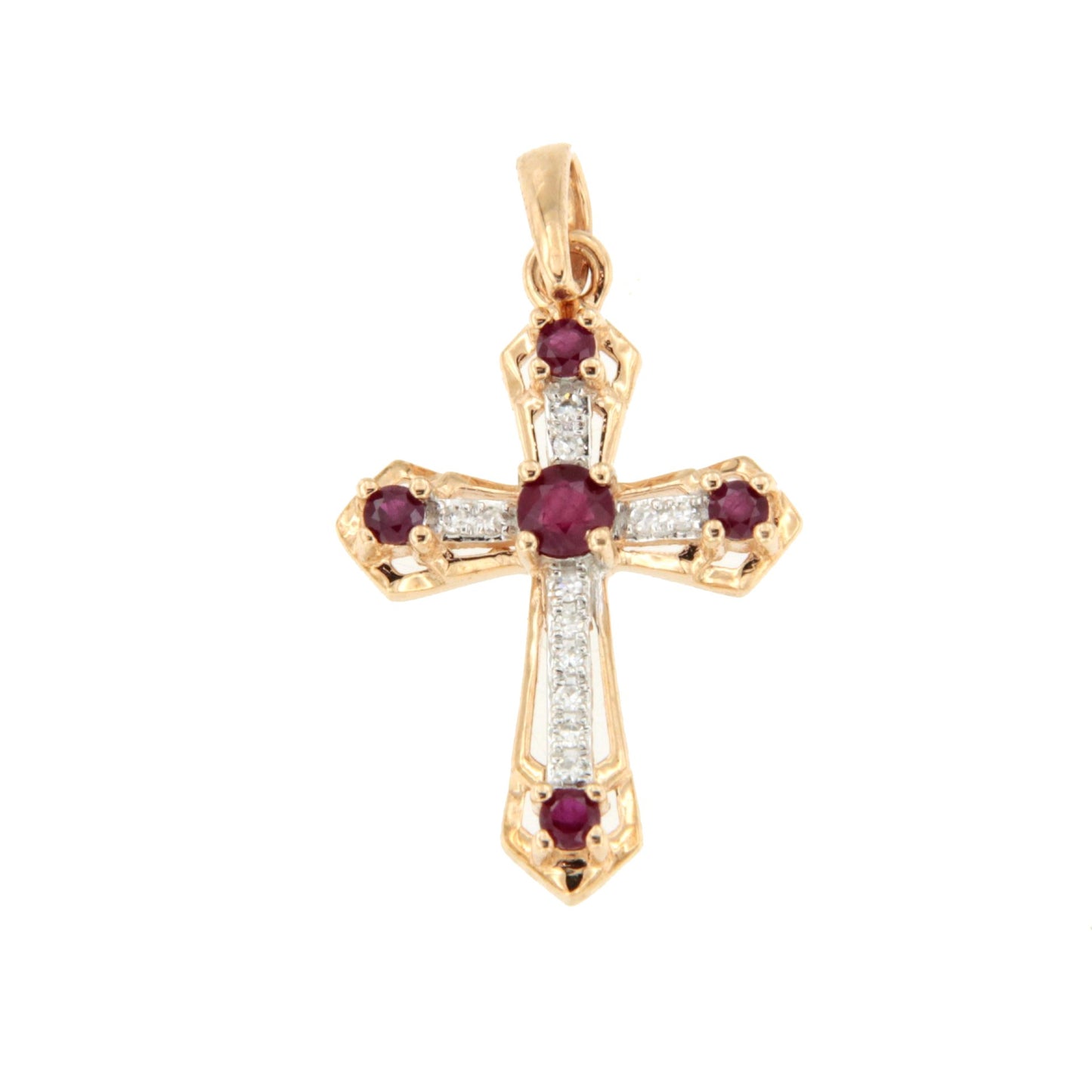 ILUMIA cross in 14k gold with diamonds and sapphire/ruby