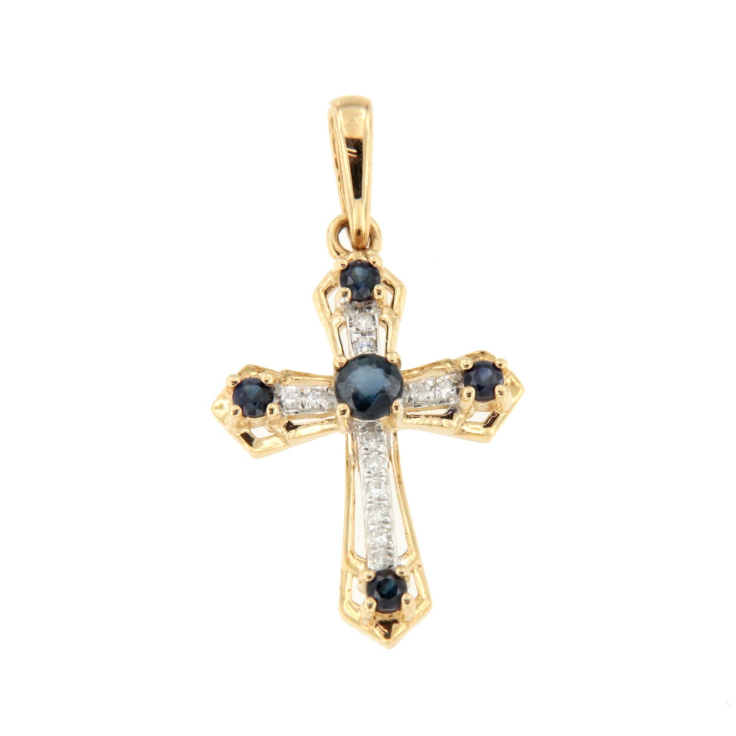 ILUMIA cross in 14k gold with diamonds and sapphire/ruby