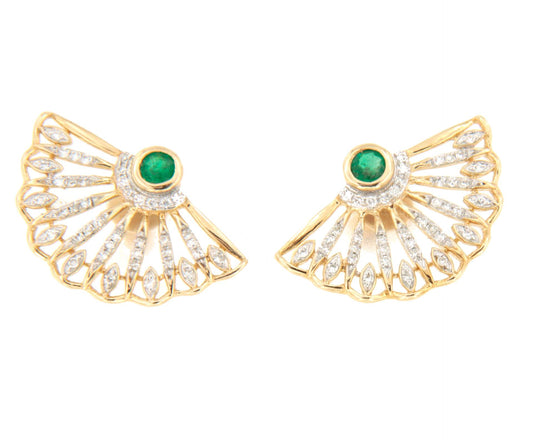 DARELA fan earrings in 14-karat yellow gold, diamonds and emeralds