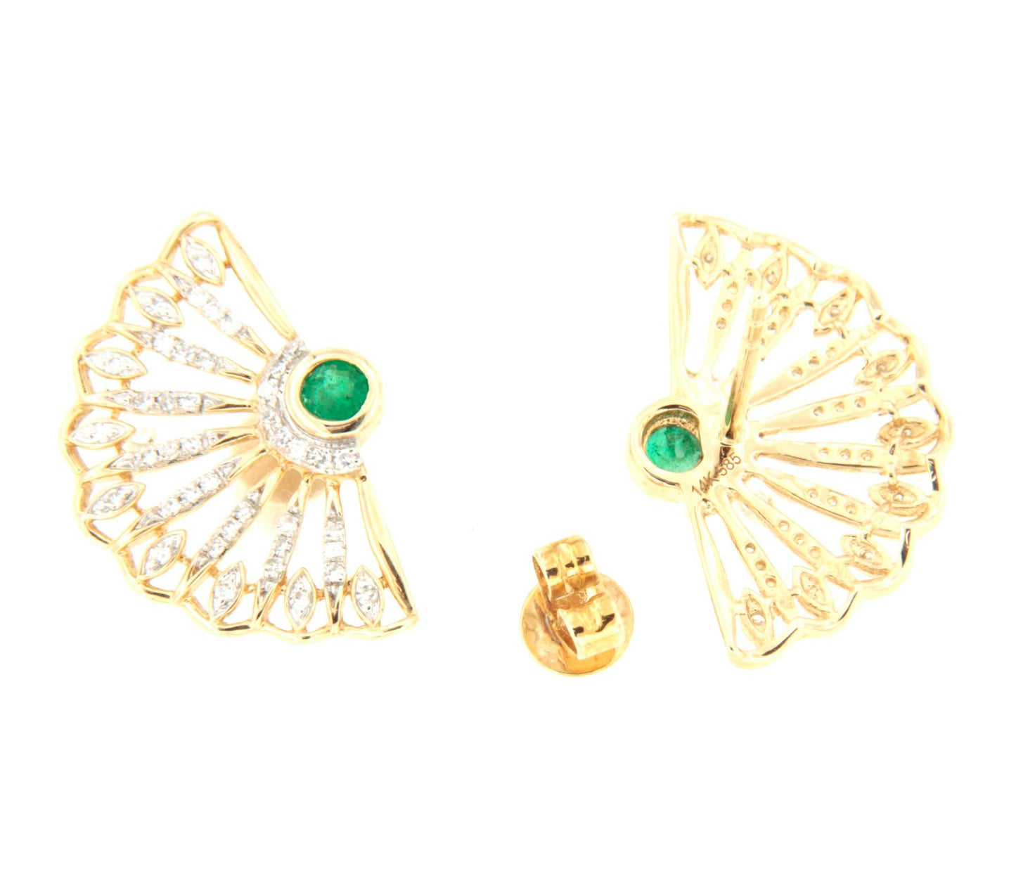 DARELA fan earrings in 14-karat yellow gold, diamonds and emeralds