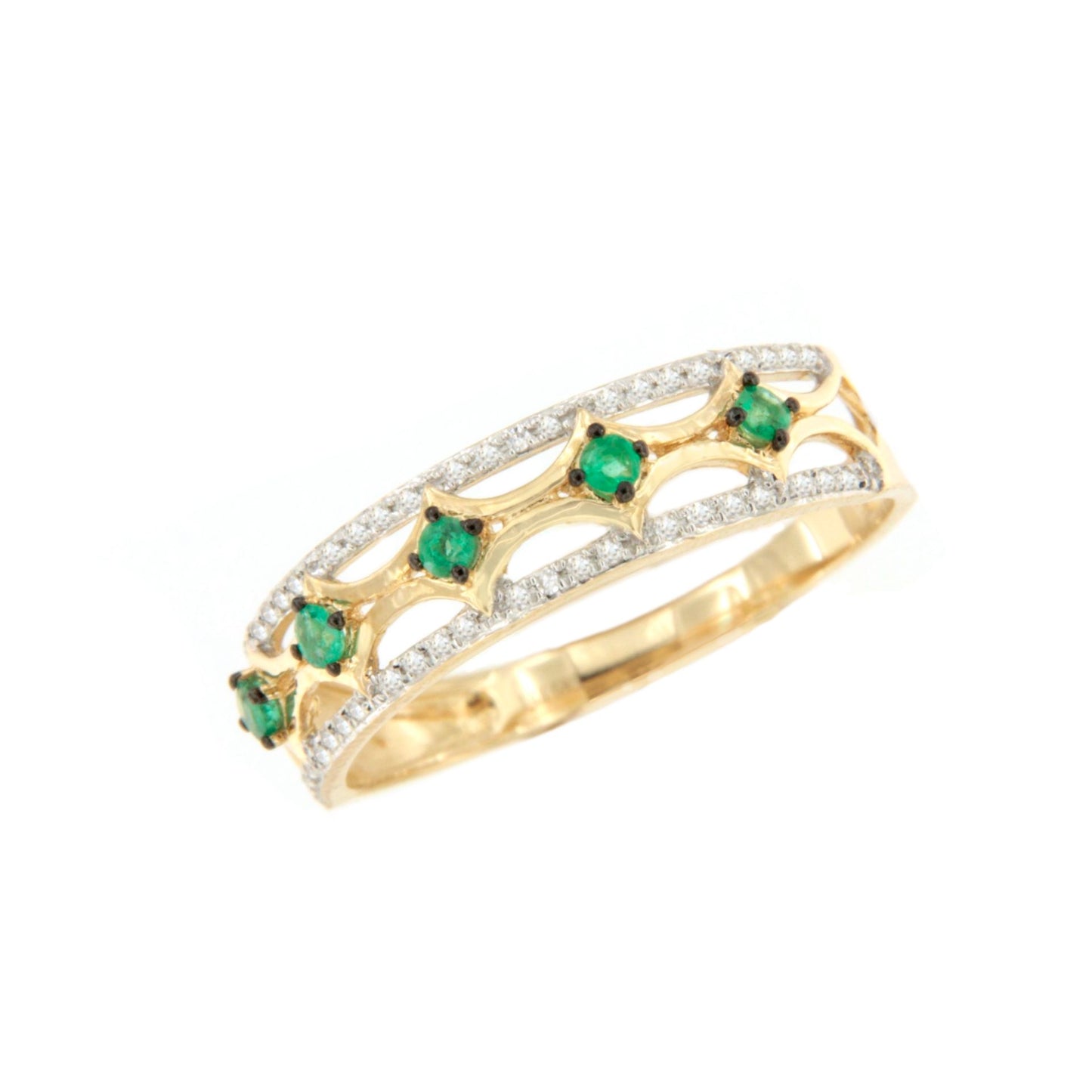 ONIRA wedding band with diamonds in 14k yellow gold and emeralds