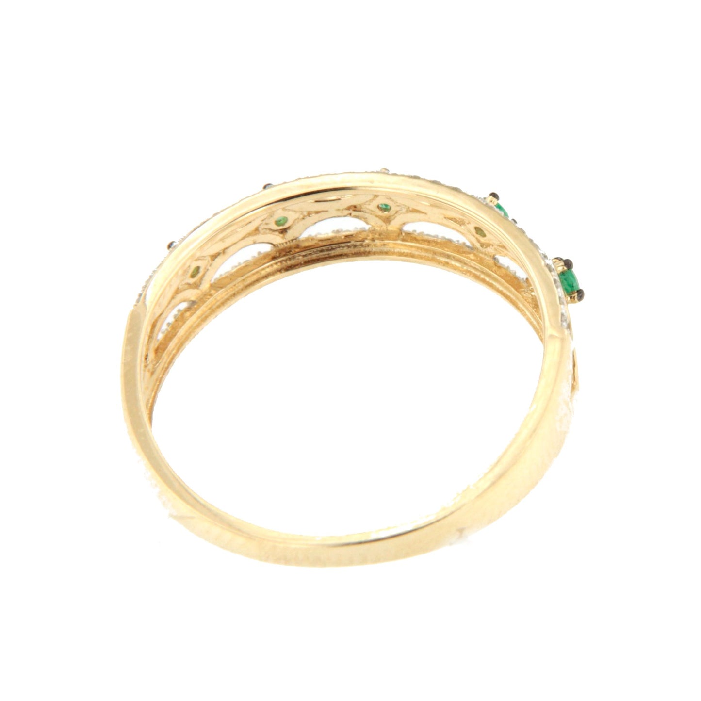 ONIRA wedding band with diamonds in 14k yellow gold and emeralds