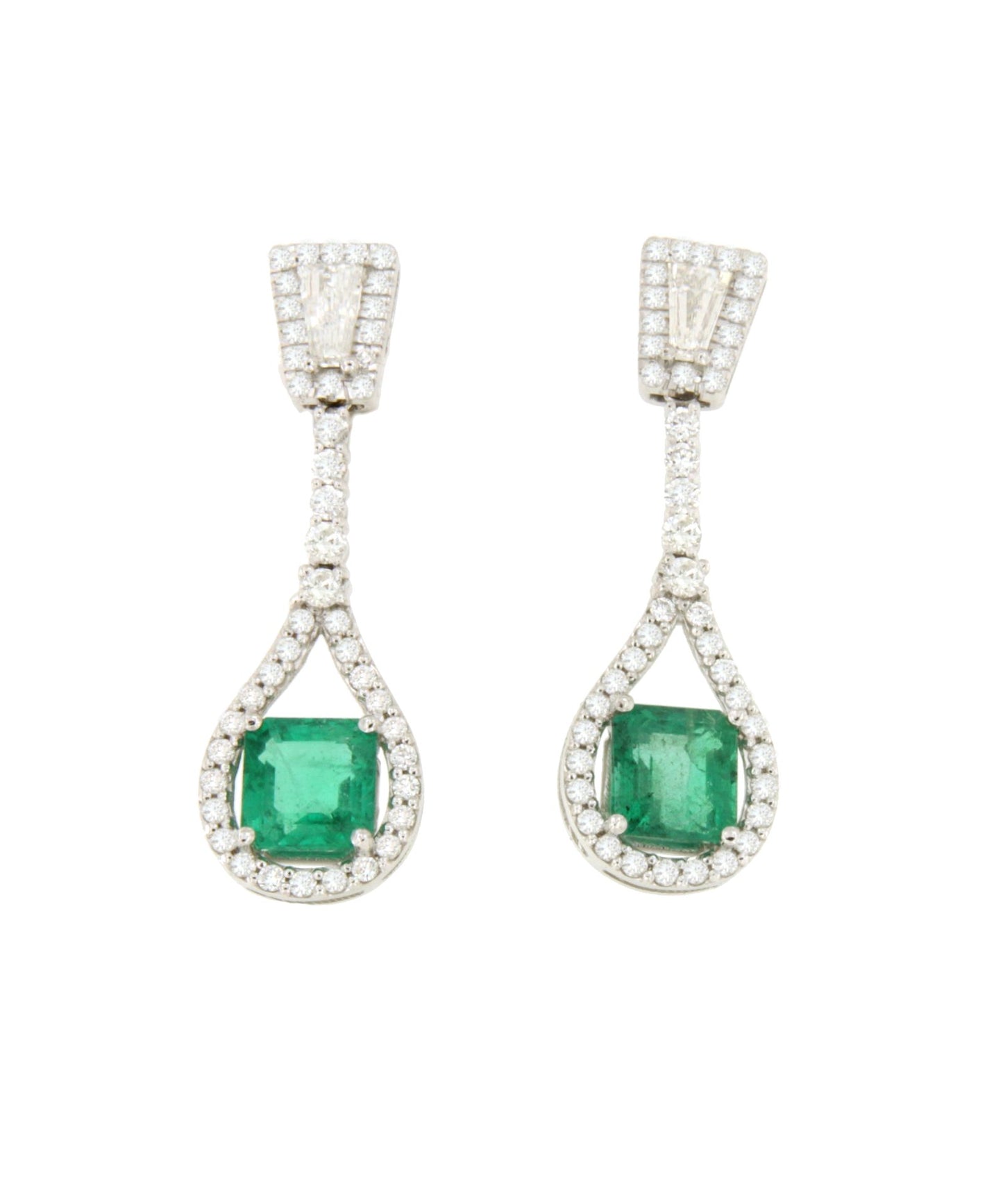 Pendientes PAWPAW largos oro blanco 18 ktes esmeralda y brillantes
