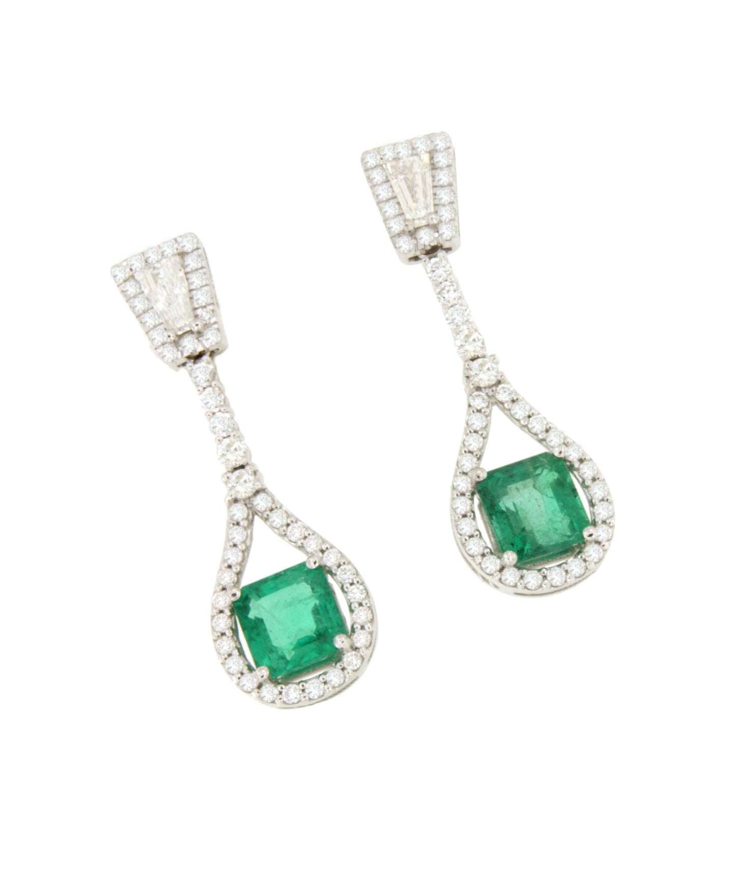 Pendientes PAWPAW largos oro blanco 18 ktes esmeralda y brillantes