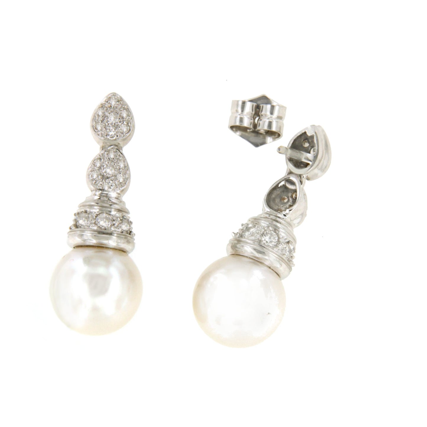 Pendiente PATO en oro blanco 18 ktes con brillantes y perlas australianas
