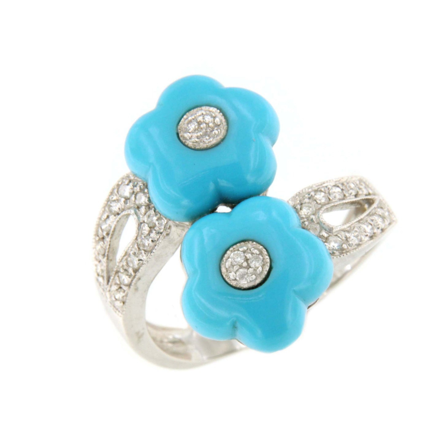 COLUNGA turquoise flower ring in 18k white gold with diamonds.