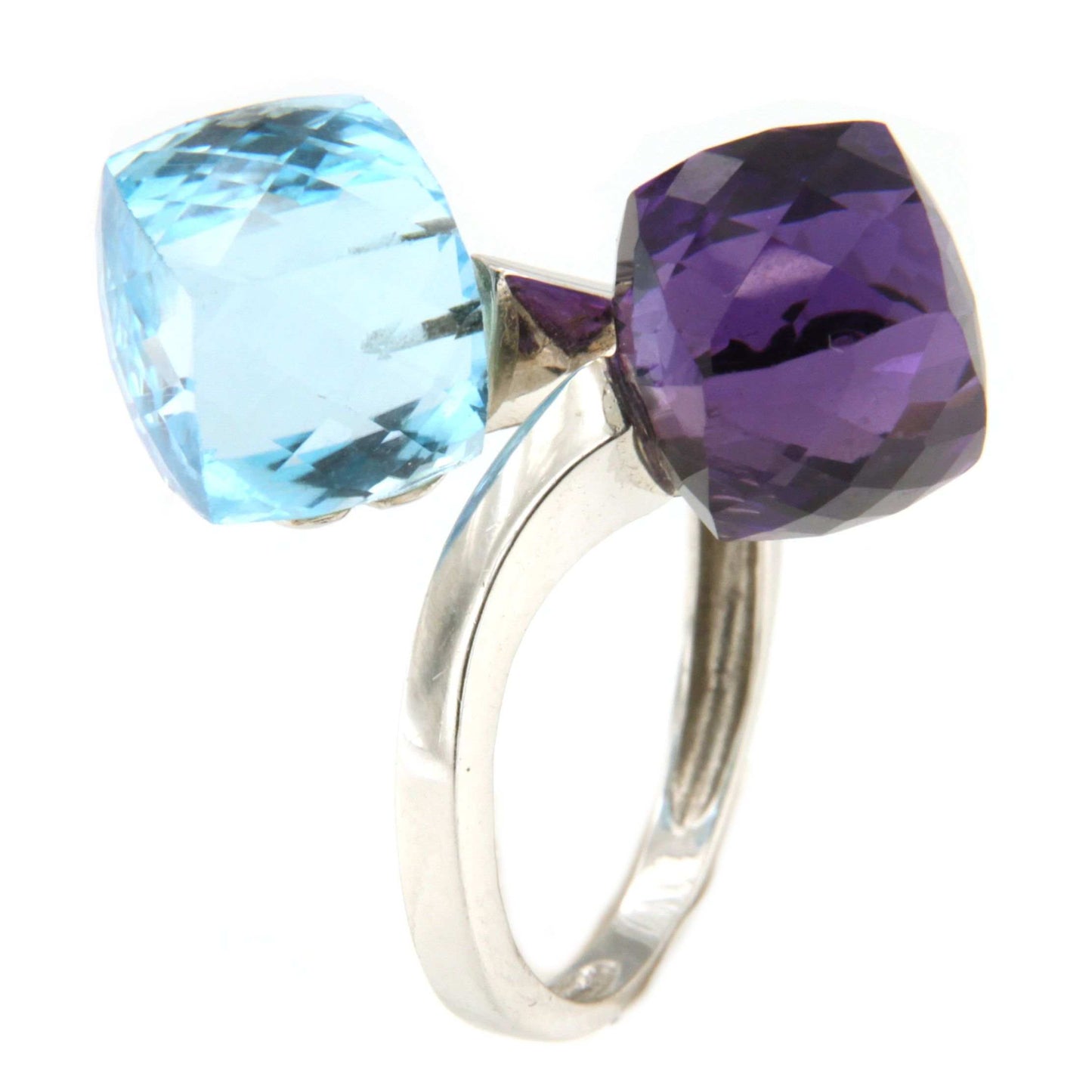 Anillo LANGREO tu y yo en amatista y cuarzo azul en oro blanco de 18 ktes.