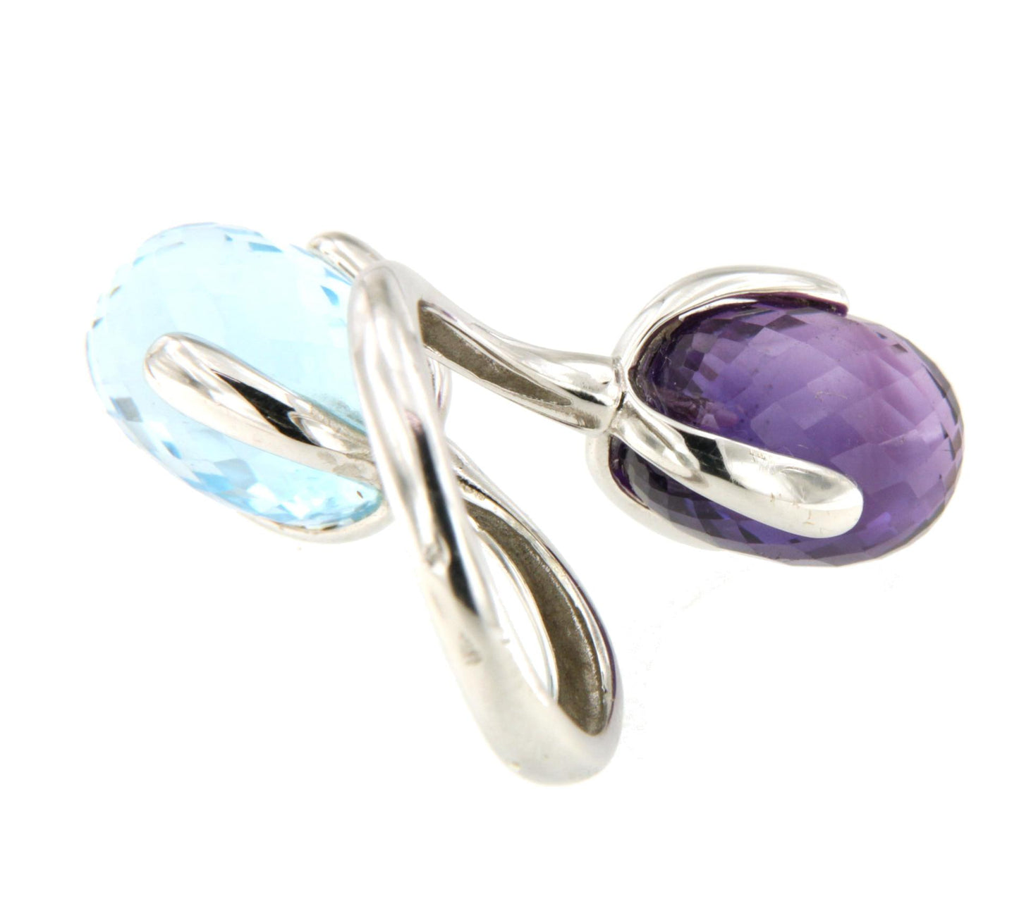 Anillo NAVAS tu y yo en amatista y cuarzo azul en oro blanco de 18 ktes.