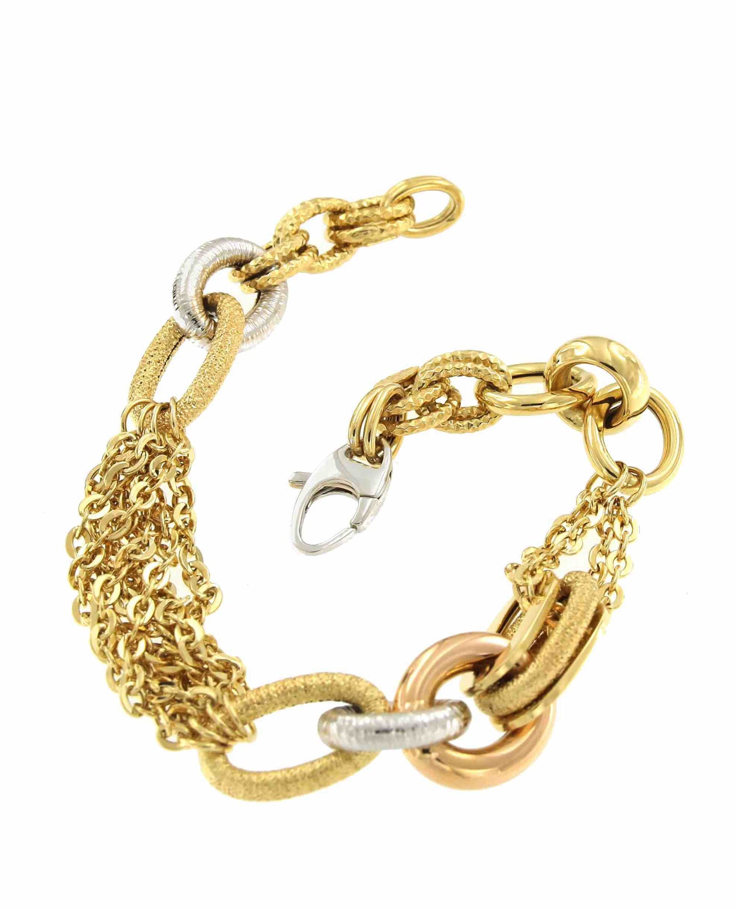 Pulsera ASLAN de oro en tres colores de varios tipos de eslabones de cadenas - Roman Joyero