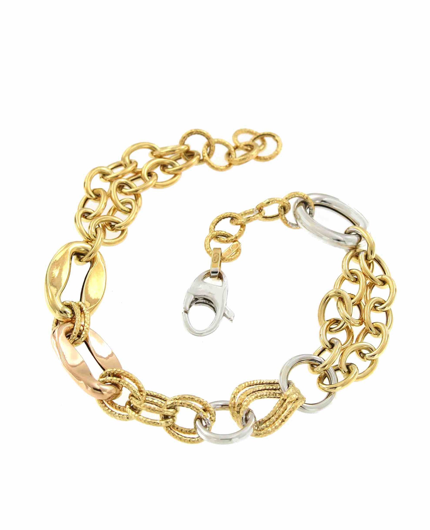 Pulsera KEDI distintos tramos de cadenas en oro 3 colores de 18 ktes