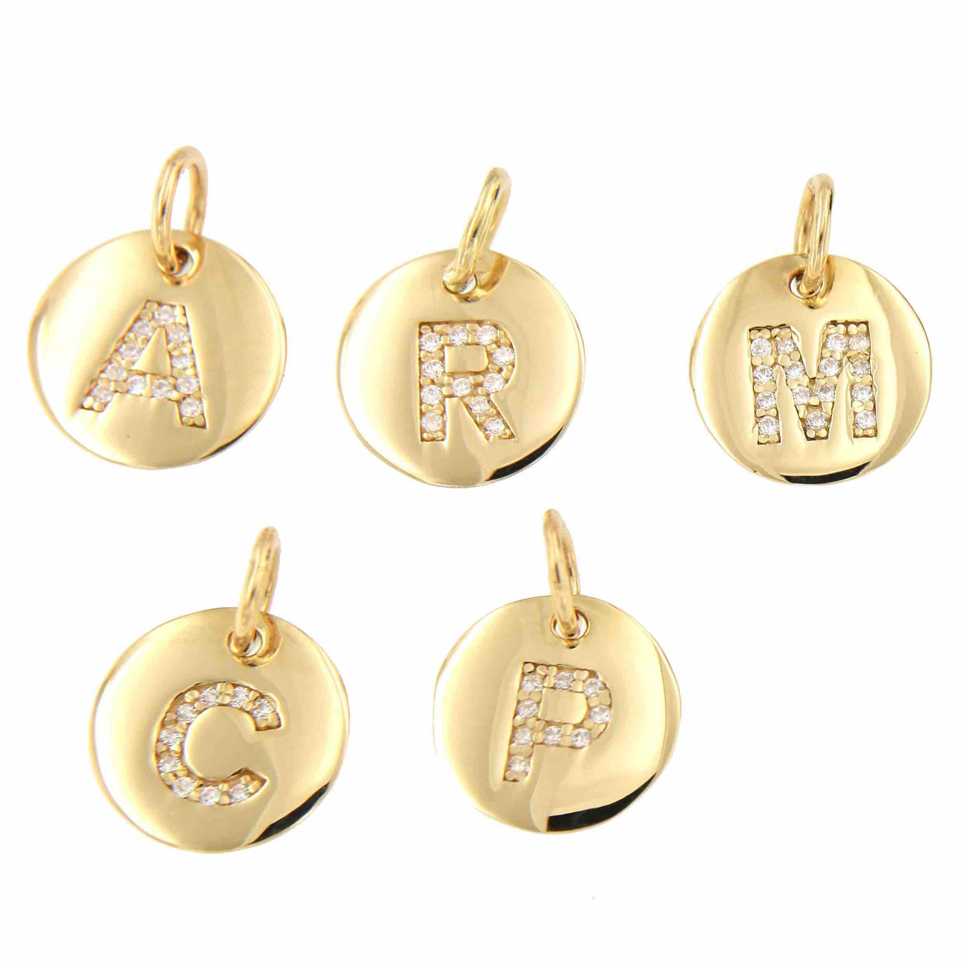 Colgantes letras LEVENT oro amarillo de 18 kilates y circonitas