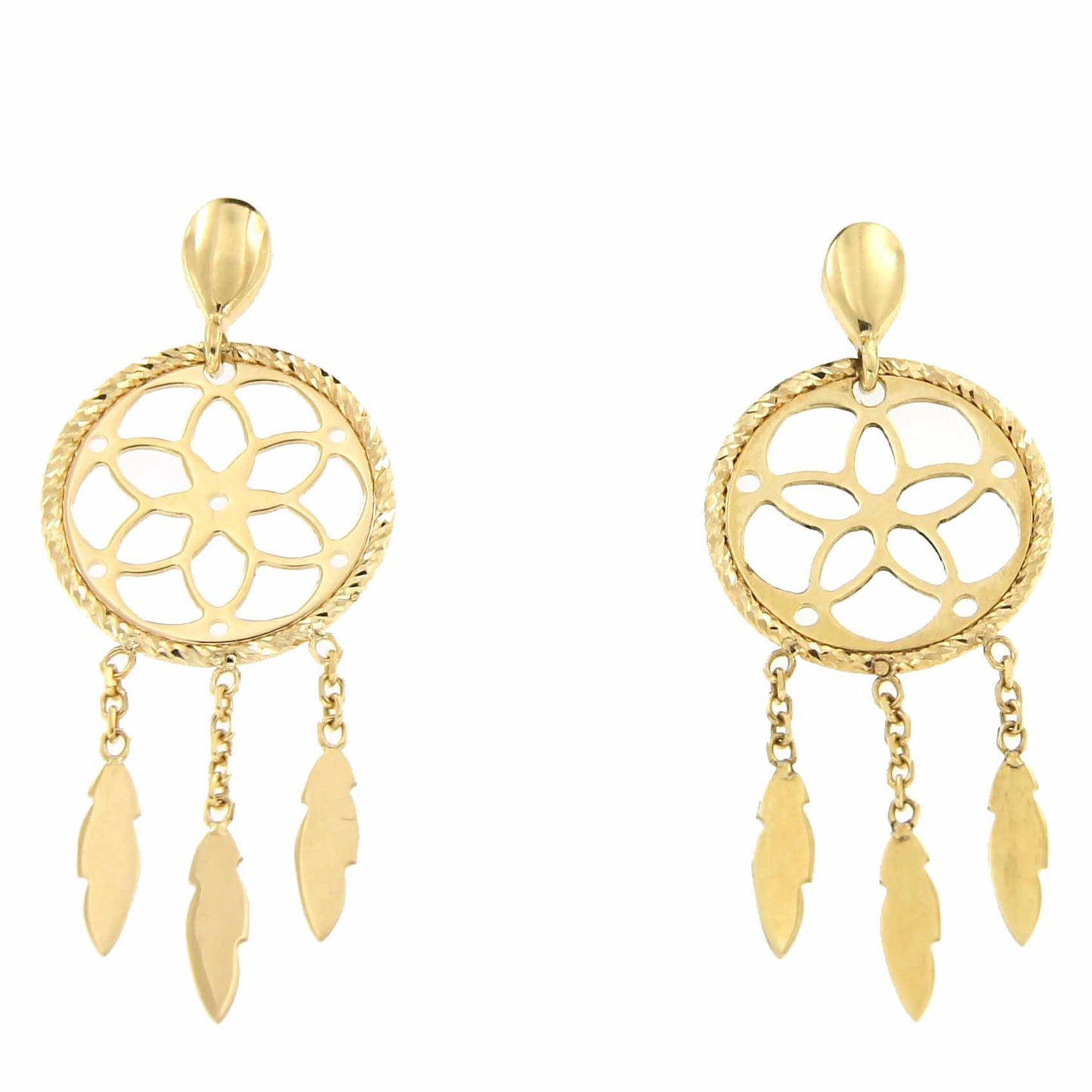 Pendientes largos SINAN rosetón con hojas en oro 18 Kilates - Roman Joyero