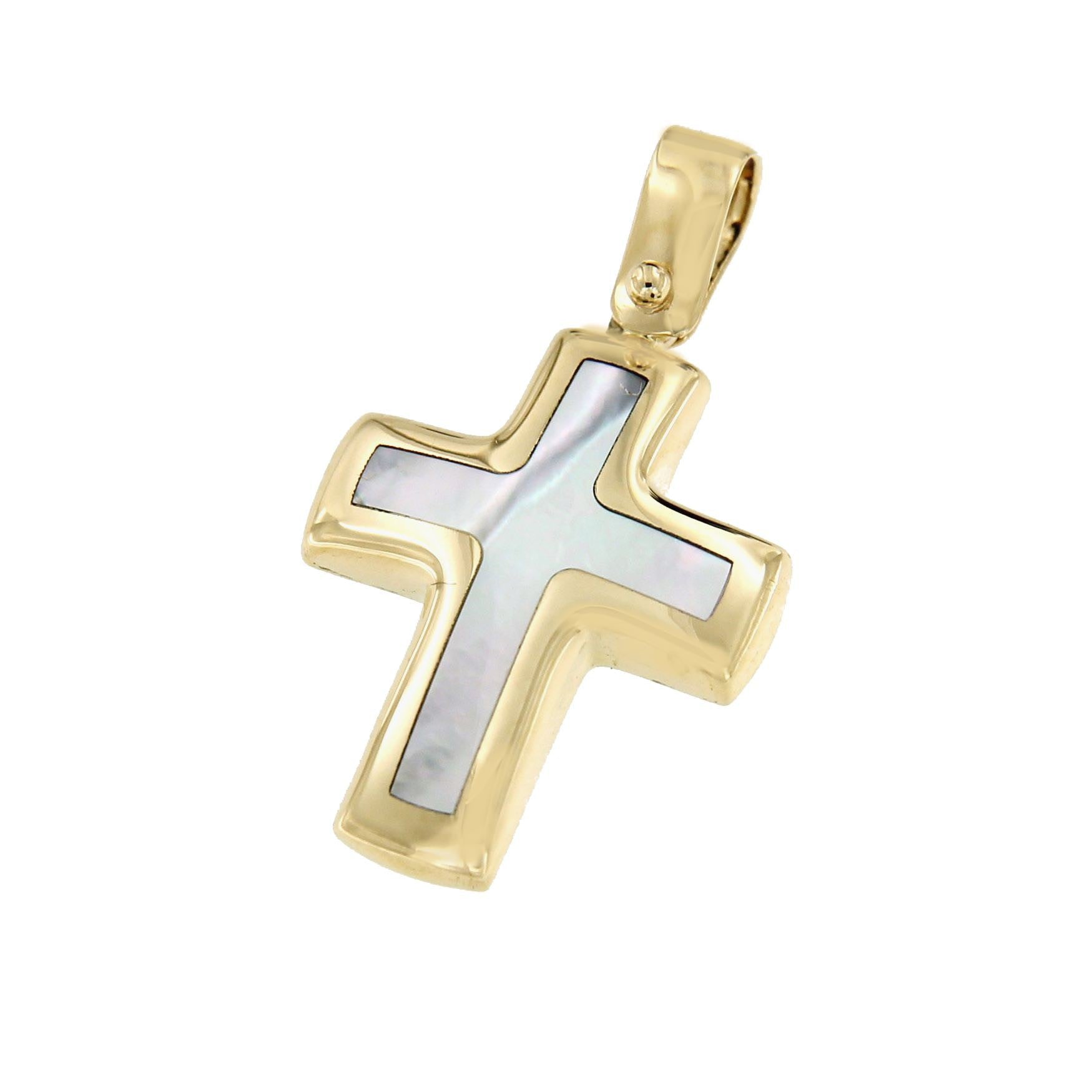 Cruz YAVUZ en nacar blanco y oro amarillo de 18 kilates - Roman Joyero