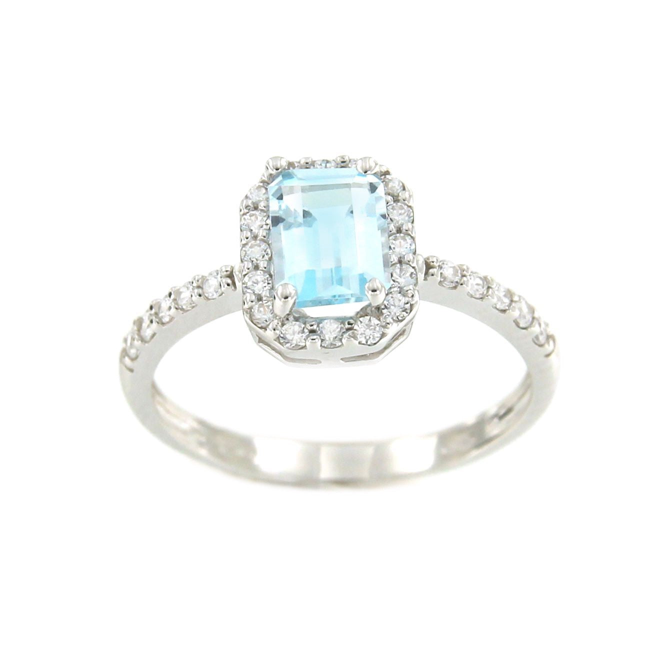 Anillo SEYFI oro blanco con circonitas y centro aguamarina - Roman Joyero