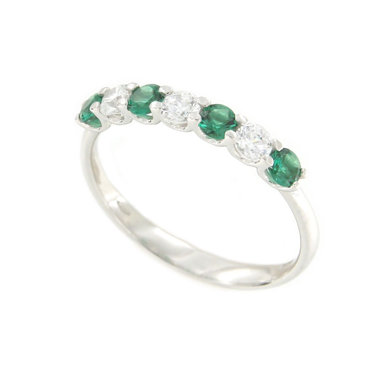 Anillo alianza ALTAN oro blanco circonitas y cuarzos verdes.