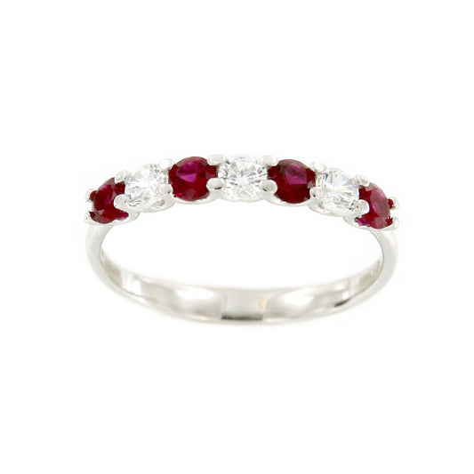 Anillo AKIN alianza oro blanco circonitas y cuarzos rojos. - Roman Joyero