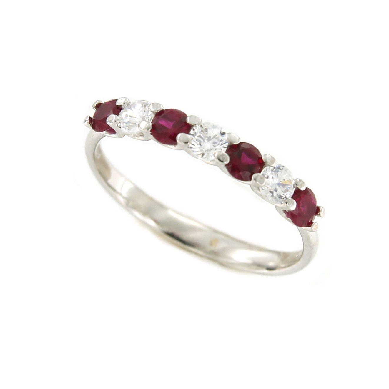 Anillo AKIN alianza oro blanco circonitas y cuarzos rojos. - Roman Joyero