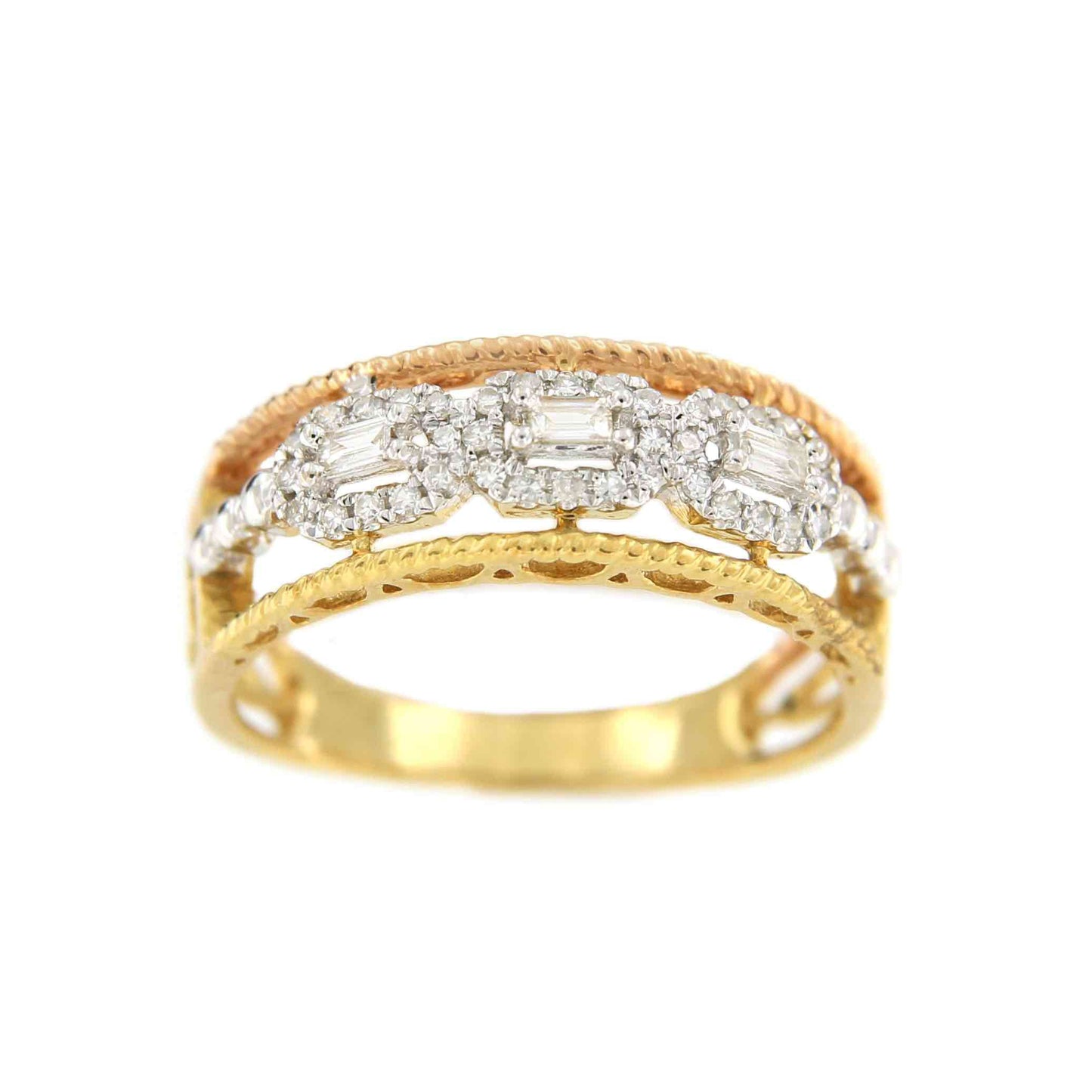 Anillo ADEM en oro de 3 colores con brillantes y baguettes - Roman Joyero