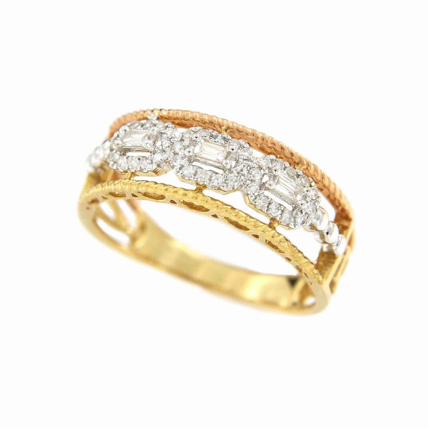 Anillo ADEM en oro de 3 colores con brillantes y baguettes - Roman Joyero