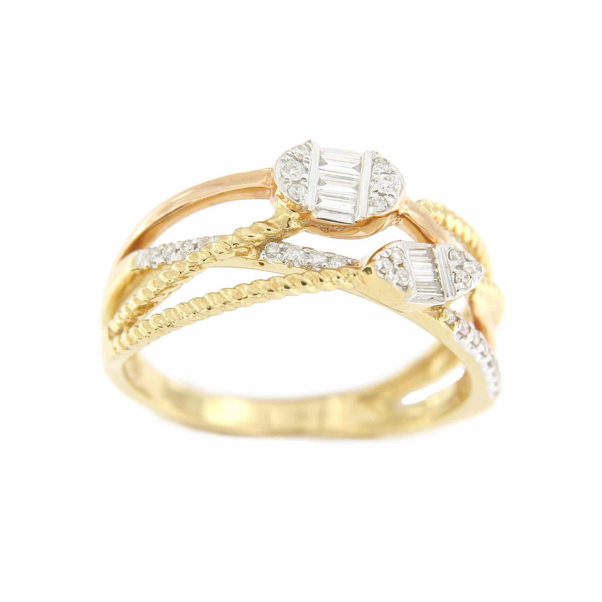 Anillo MESUT alianzas en oro de 3 colores con brillantes y baguettes - Roman Joyero